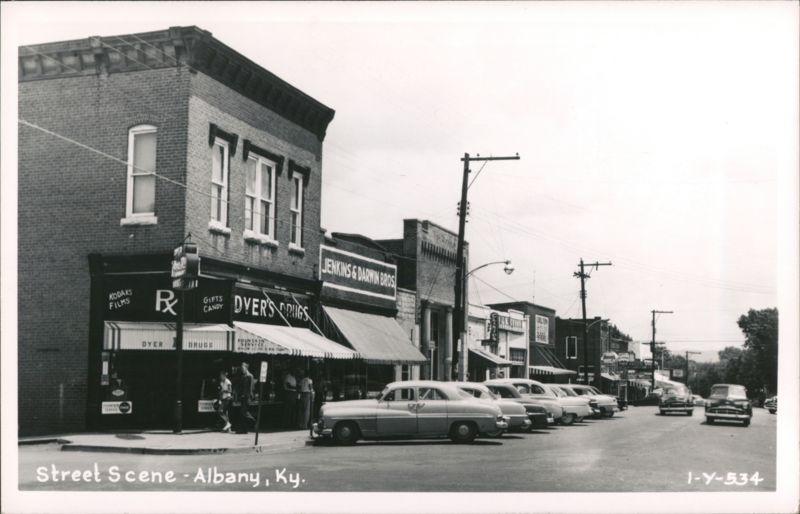 Albany, KY Street Scene with Dyer's Drugs and Jenkins & Darwin Bros. Kentucky