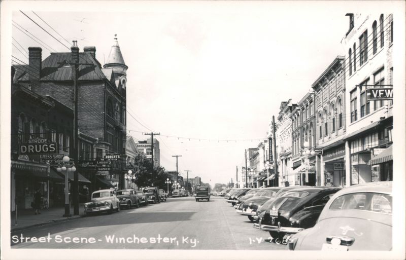 Street Scene with Businesses and Parked Cars Winchester Kentucky