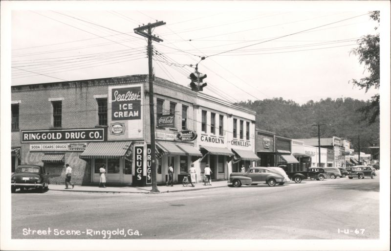 Street Scene with Ringgold Drug Co., Seallest Ice Cream, Carolyn Chenilles Georgia