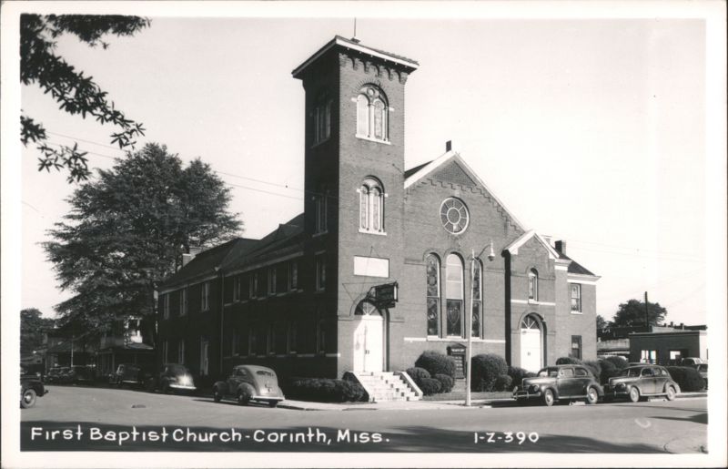 First Baptist Church, street view with vintage cars Corinth Mississippi