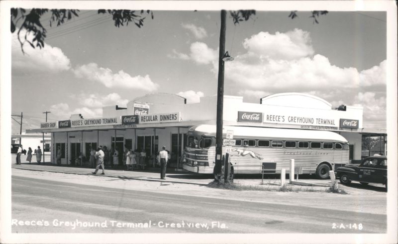 Reece's Greyhound Terminal, Bus, Taxi, and People, Crestview, Florida