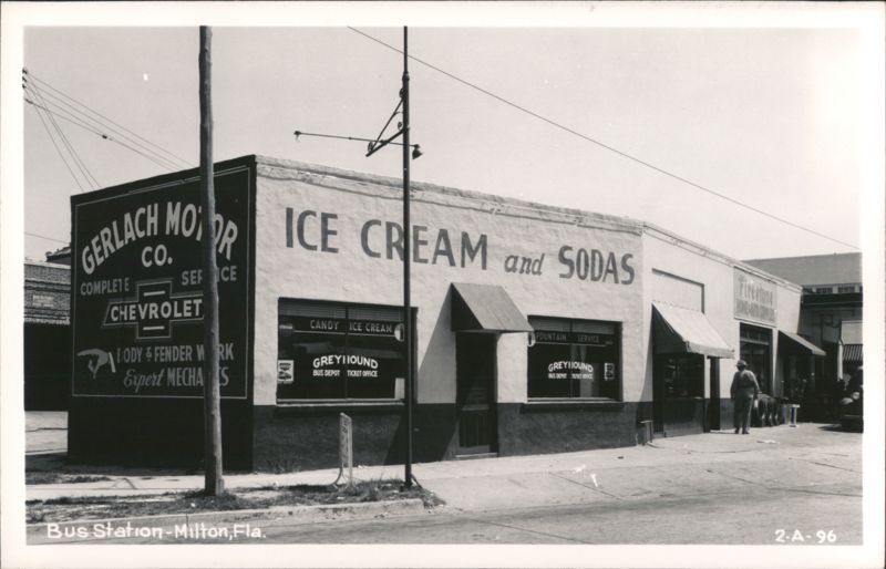 Greyhound Bus Depot, Ice Cream & Sodas, Gerlach Motor Co. Milton Florida