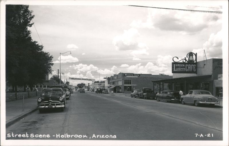 Street Scene with Green Lantern Cafe, Western Auto, and Hopi Snake Dance Banner Holbrook Arizona