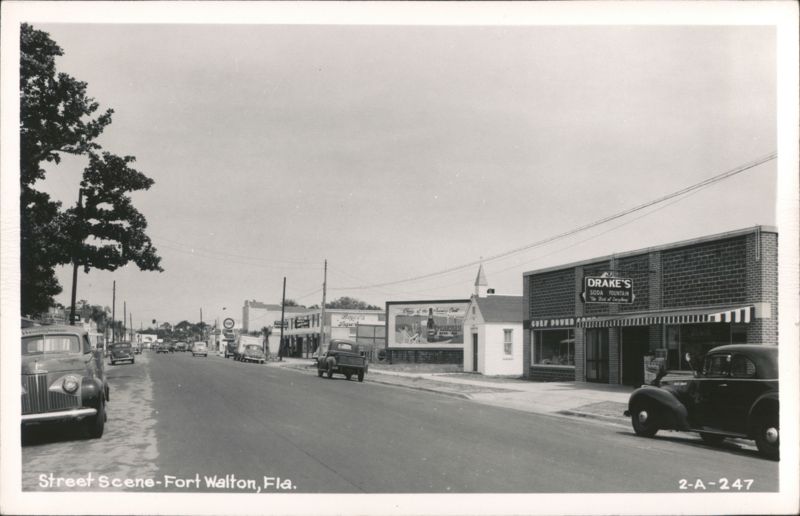 Street Scene with Drake's Soda Fountain and Gulf Power Company Fort Walton Beach Florida