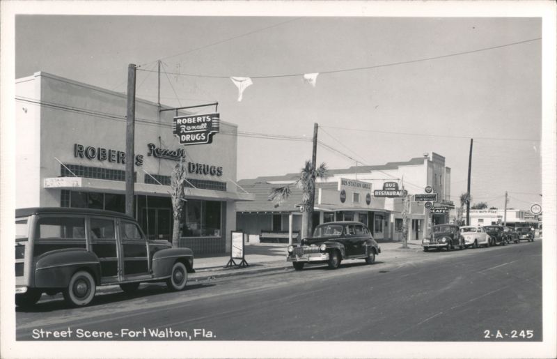Street Scene with Roberts Rexall Drugs, Bus Station Grill, Fort Walton Fort Walton Beach Florida