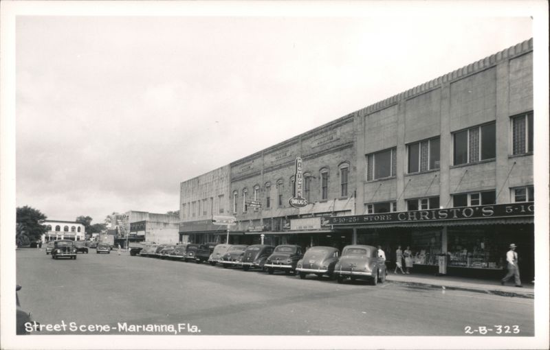 Downtown Street Scene with Hightowers Drugs and Christo's Store Marianna Florida