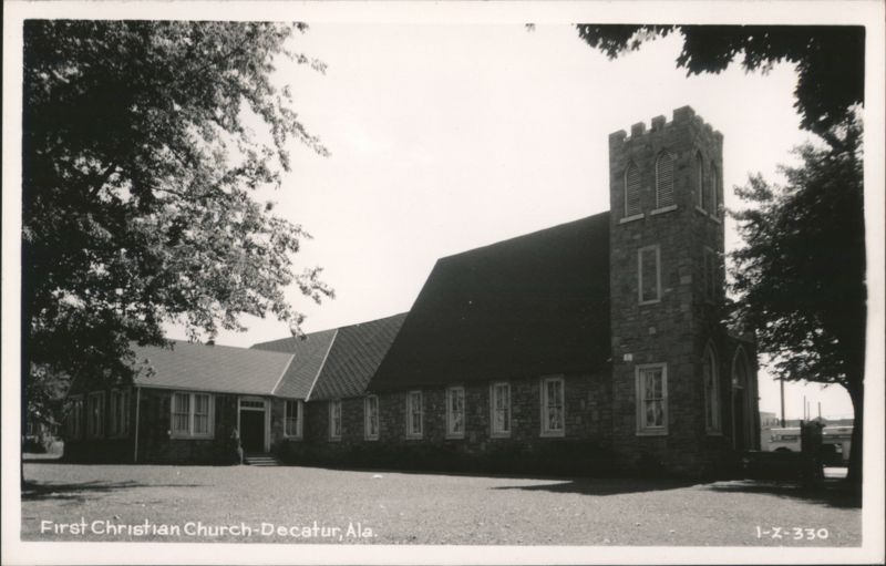 First Christian Church building with stone tower Decatur Alabama