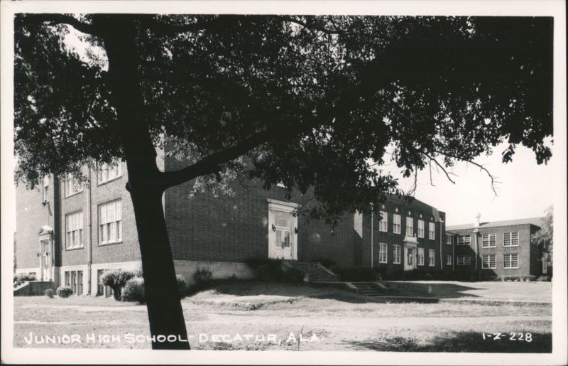 Junior High School building with large tree in foreground Decatur Alabama