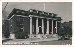 United States Post Office building with a Jeep and flag Postcard