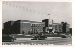Central High School building exterior with vintage cars Postcard