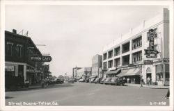Downtown Street Scene with Byron Cafe and Hotel Myon Postcard