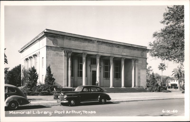 Memorial Library with vintage cars, Port Arthur Texas