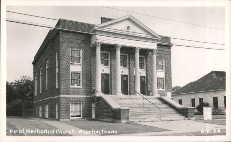First Methodist Church, brick building with classical columns Wharton Texas