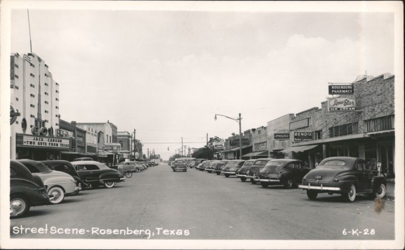 Street Scene with Rosenberg Pharmacy, Lone Star Ice Cream, Jack Carson Texas
