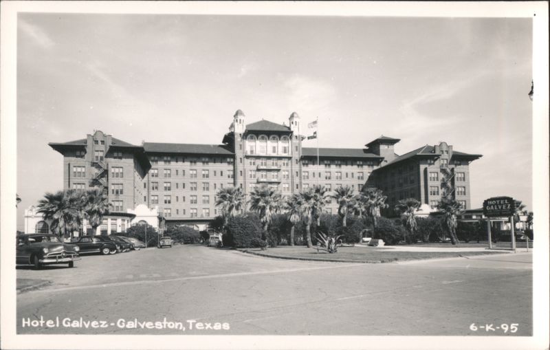 Hotel Galvez with Cars and Palm Trees, Galveston Texas