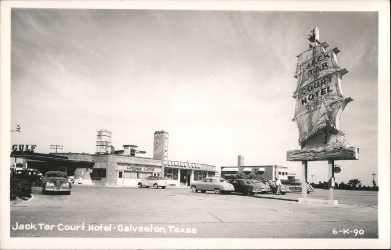 Jack Tar Court Hotel with Ship Sign, Cars, and Coffee Shop Galveston Texas