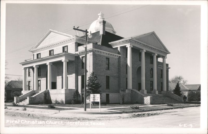 First Christian Church, large brick building with columns and dome Hereford Texas