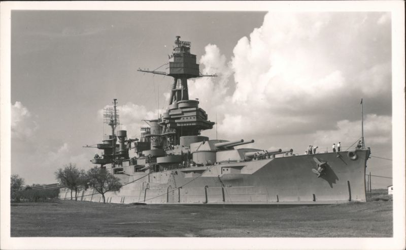 Battleship USS Texas on Land with Crew on Deck Houston