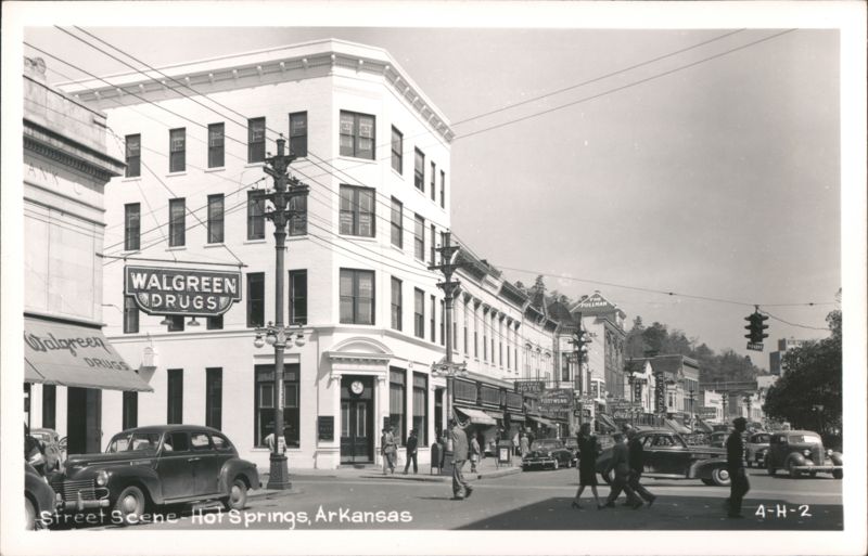 Walgreen Drugs and street scene with cars and people Hot Springs Arkansas