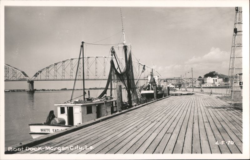 WHITE EAGLE Fishing Boat at Dock with Nets, Truss Bridge in Background Morgan City Louisiana