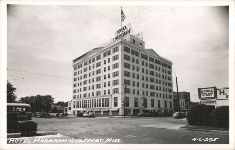 Hotel Markham with American Flag and Street View Gulfport Mississippi