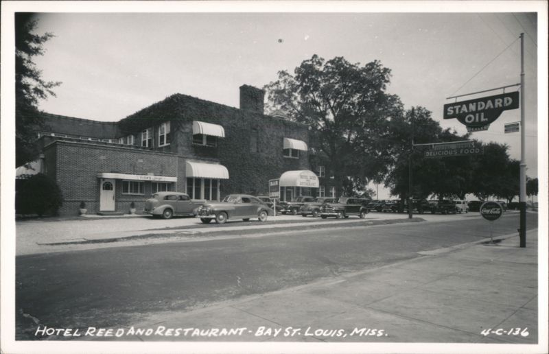 Hotel Reed and Restaurant with Cars and Standard Oil Sign Bay Saint Louis Mississippi