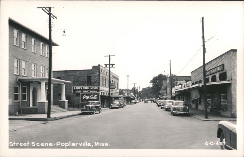 Street Scene with Rawls Drug Store and First Peoples Bank Poplarville Mississippi
