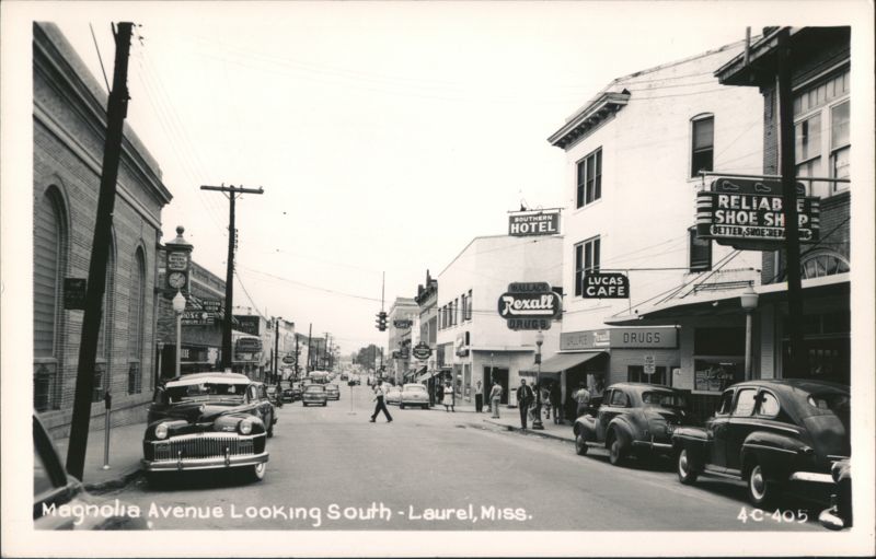 Magnolia Avenue Street Scene, Southern Hotel, Rexall Drugs, Laurel Mississippi