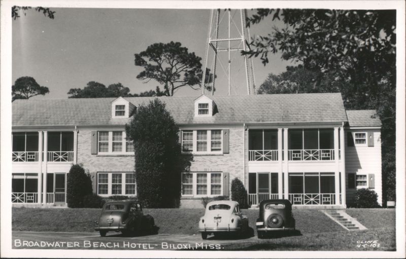 Broadwater Beach Hotel with Cars and Water Tower, Biloxi Mississippi