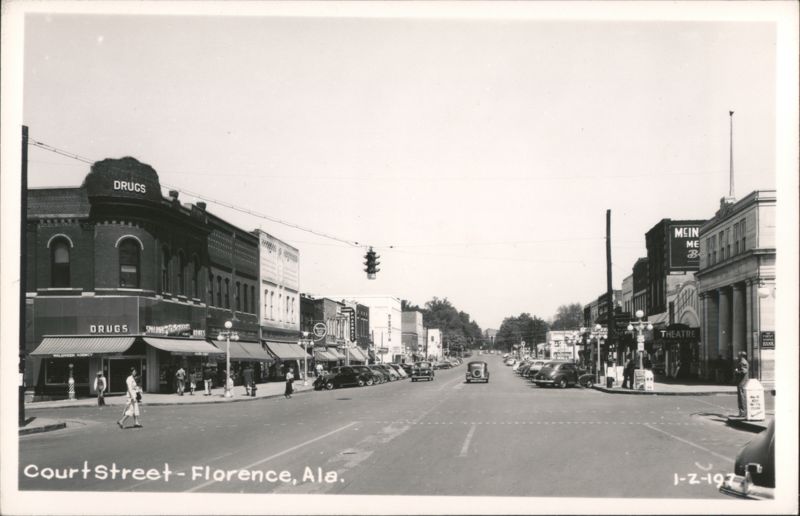 Court Street, Florence, AL - Owl Drug Store, Theatre, Vintage Cars Alabama
