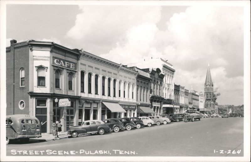 Street Scene with Cafe, Hardware Store, and Church Steeple Pulaski Tennessee