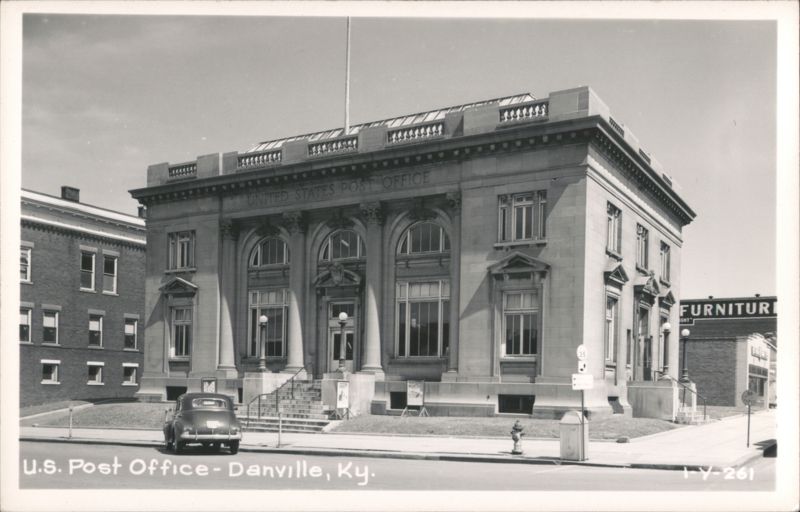 United States Post Office building, classic car in front Danville Kentucky