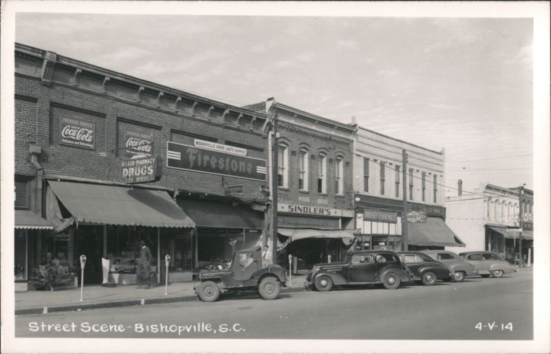 Street Scene with Businesses and Cars, Bishopville South Carolina