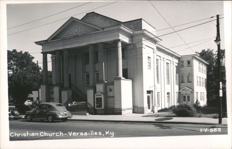 Christian Church with Classical Columns and Car on Street Versailles Kentucky