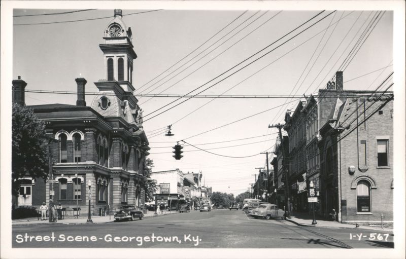 Street Scene with Clock Tower and Cars Georgetown Kentucky