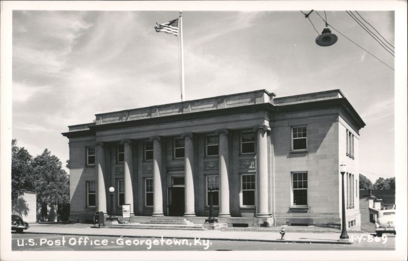 U.S. Post Office building with American flag flying Georgetown Kentucky
