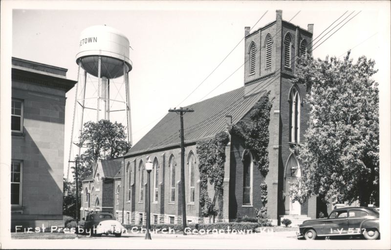First Presbyterian Church with Water Tower and Cars Georgetown Kentucky