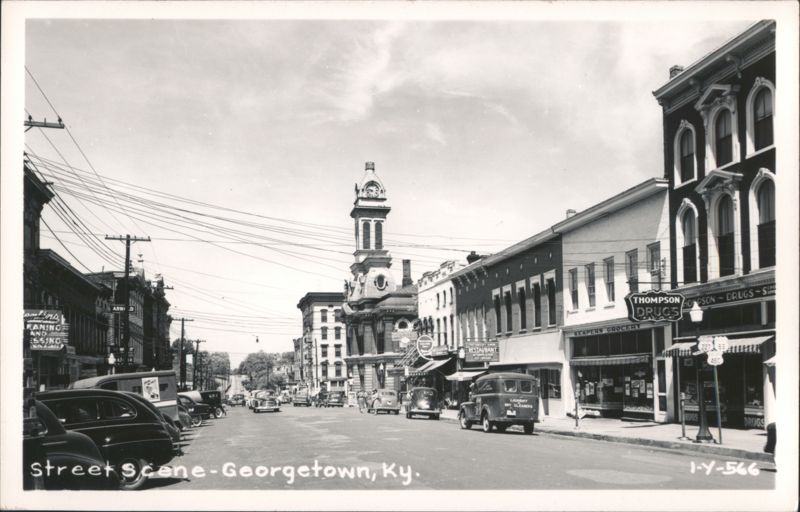 Georgetown Street Scene with Clock Tower and Businesses Kentucky