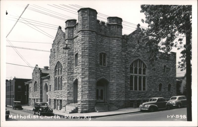 Methodist Church, historic stone building with cars on street Paris Kentucky