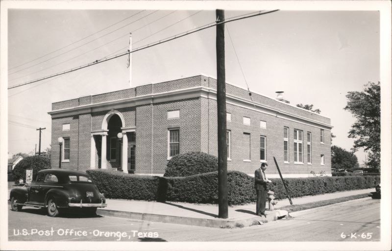 U.S. Post Office building, vintage car, and man Orange Texas