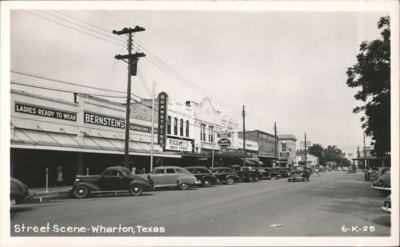 Street Scene, Wharton, Texas with Vintage Cars and Businesses