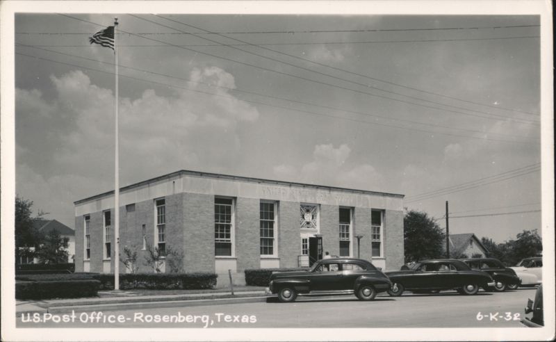 U.S. Post Office Building with Cars and American Flag Rosenberg Texas