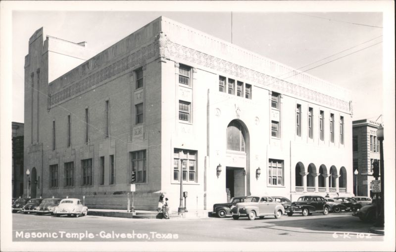 Masonic Temple Building with Vintage Cars Galveston Texas