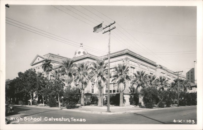 High School with Palm Trees and American Flag Galveston Texas