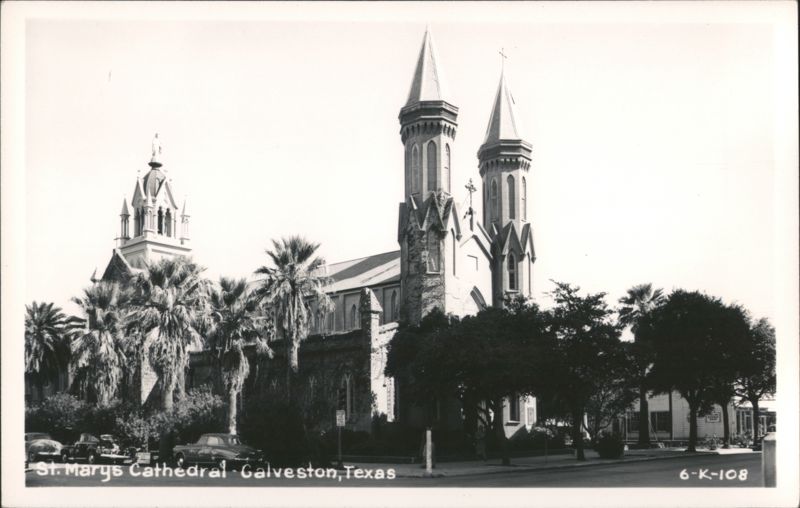St. Marys Cathedral with multiple spires and palm trees Galveston Texas