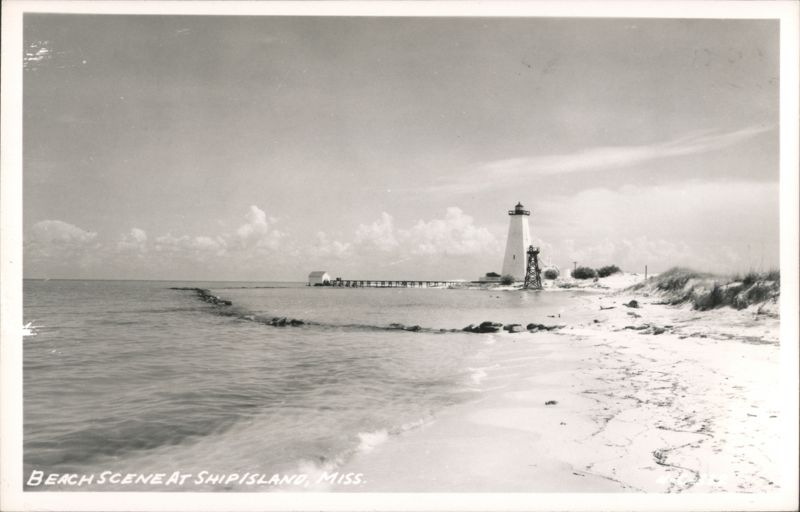 Beach Scene at Ship Island with Lighthouse and Pier Mississippi