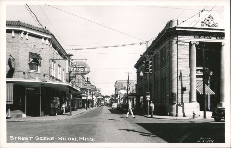 Street Scene with Peoples Bank and Rowell's Drugs Biloxi Mississippi