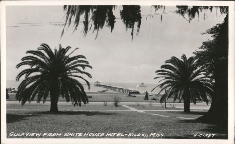 Gulf View from White House Hotel with Pier and Palm Trees Biloxi Mississippi