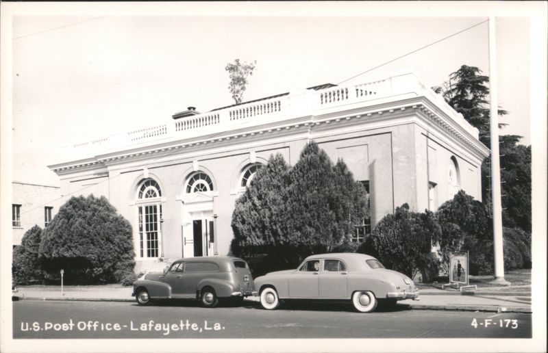 U.S. Post Office Building with Two Classic Cars, Lafayette, LA Louisiana