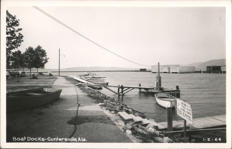 Boat Docks on the water with distant hills, Guntersville, AL Alabama